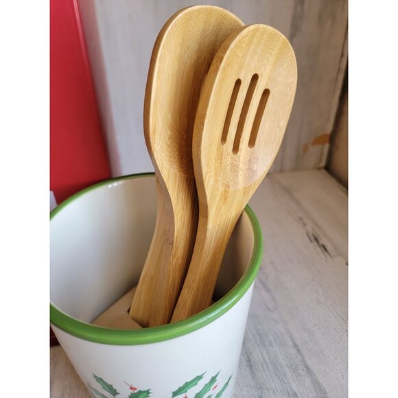 Lenox NEW utensil crock wooden servers holiday mistletoe Xmas decor - Picture 3 of 7